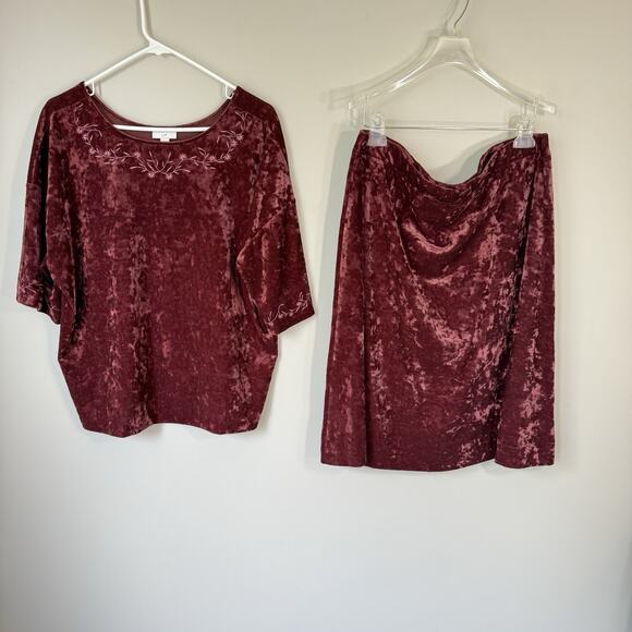 J. Jill Two Piece Skirt Set L Petite Crushed Velvet Maroon Purple Embroidered - Picture 1 of 9